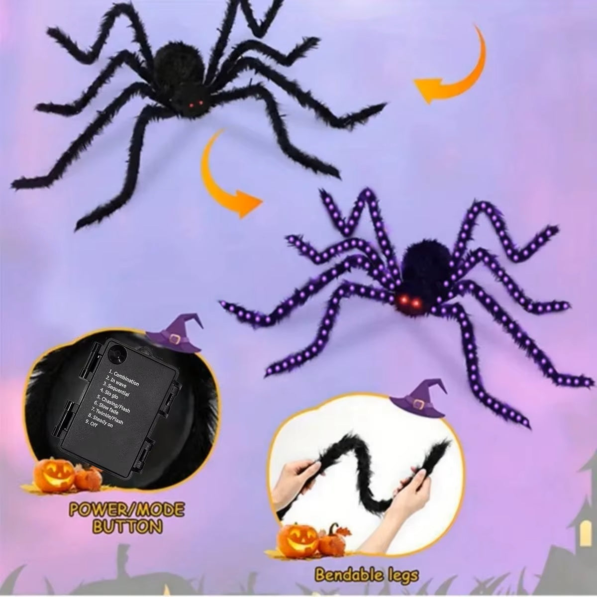 Giant 5FT (150cm) Halloween Lighted Spider – Ultra-Bright Purple Glow Outdoor Decor