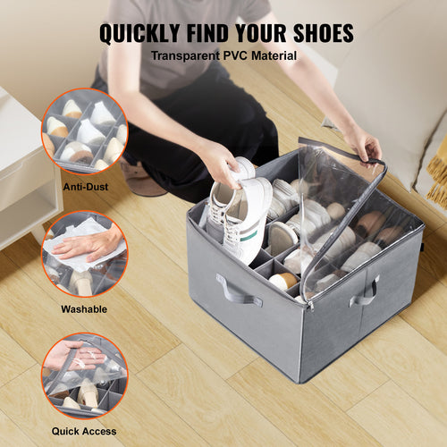 16-Pair Under Bed Shoe Storage Organizer with Adjustable Dividers & Clear Cover