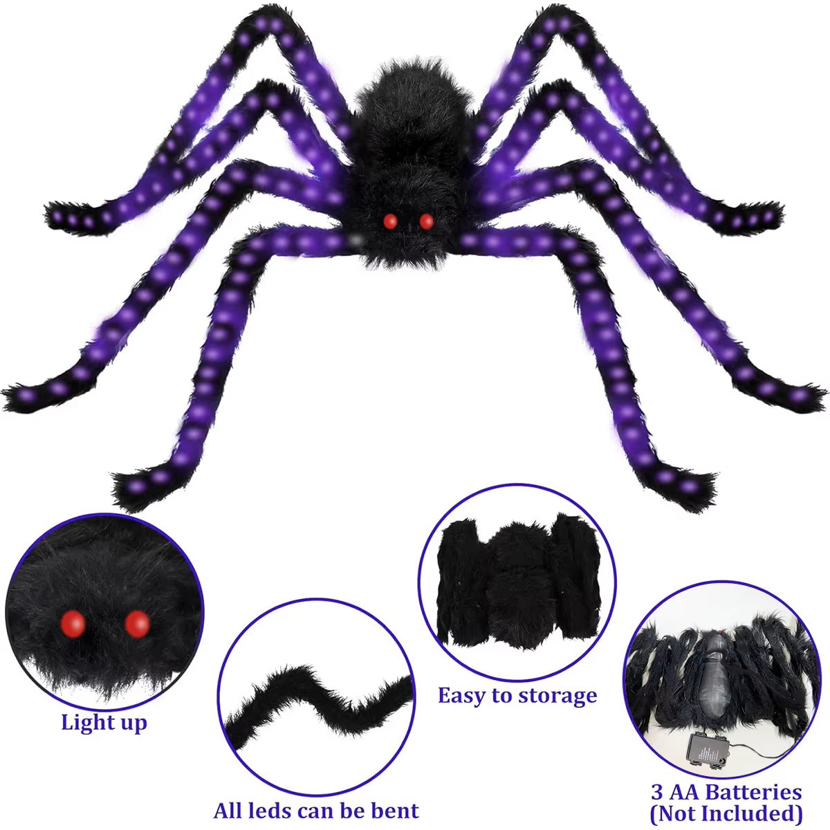Giant 5FT (150cm) Halloween Lighted Spider – Ultra-Bright Purple Glow Outdoor Decor