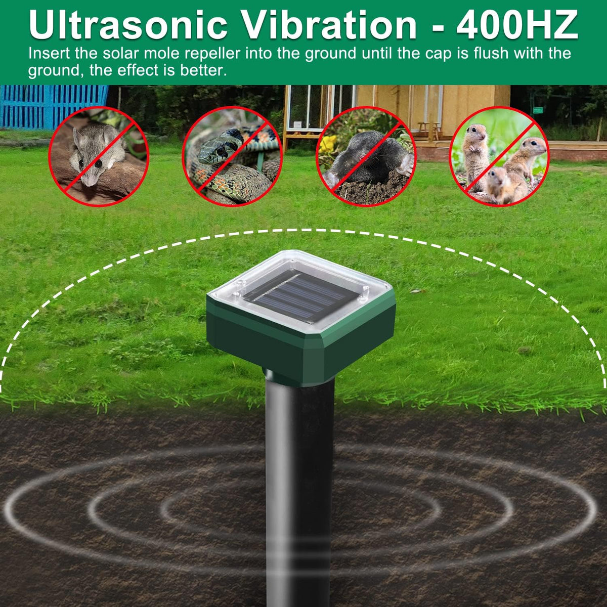 Solar Powered Ultrasonic Mole Repellent Stakes (Outdoor Pest & Gopher Deterrent, Waterproof) - Pack of 10