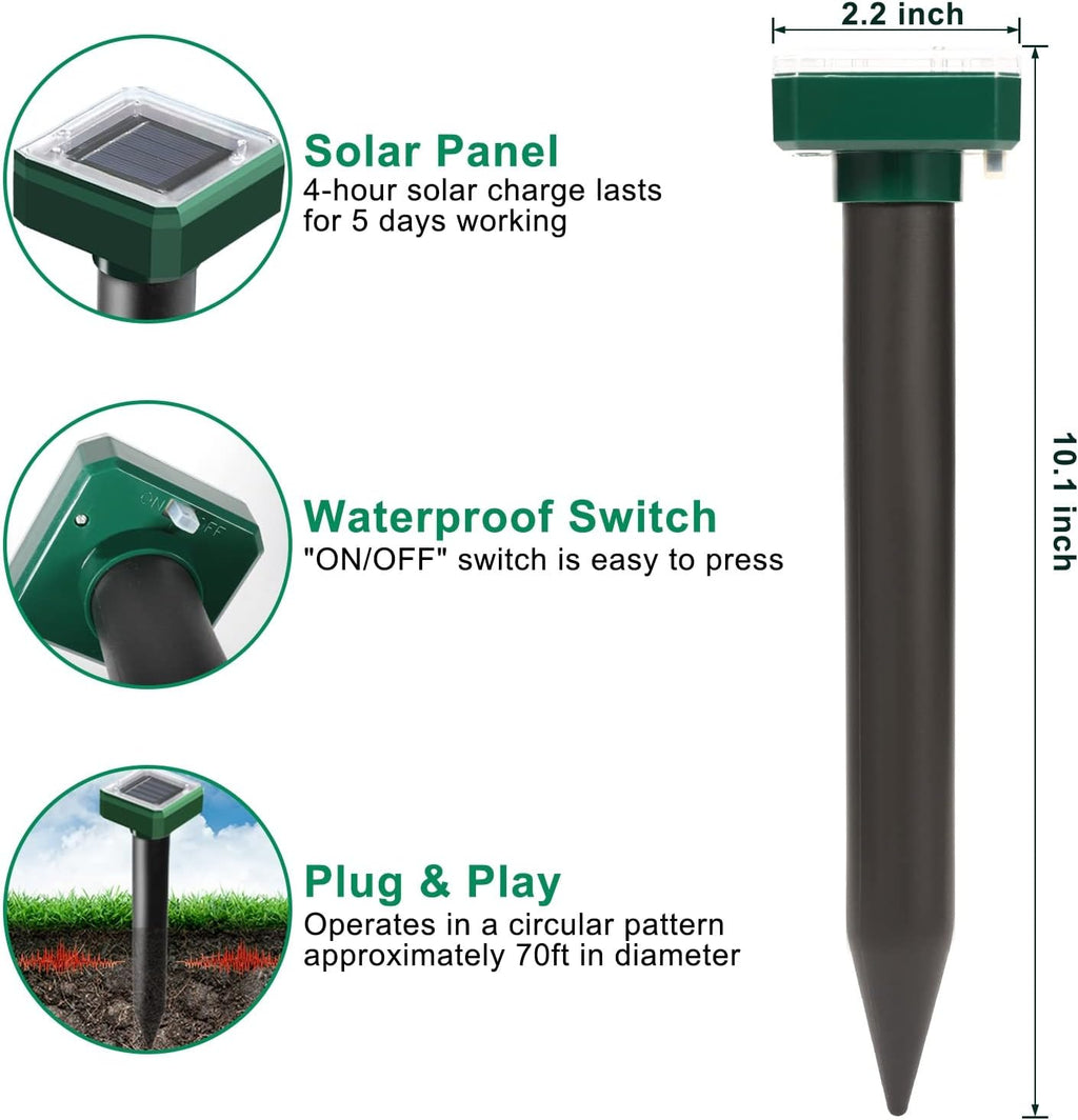 Solar Powered Ultrasonic Mole Repellent Stakes (Outdoor Pest & Gopher Deterrent, Waterproof) - Pack of 10