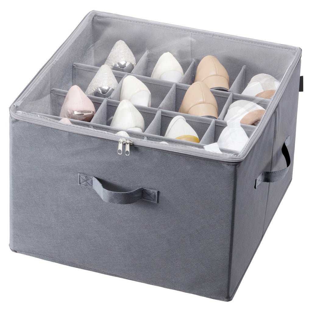 16-Pair Under Bed Shoe Storage Organizer with Adjustable Dividers & Clear Cover