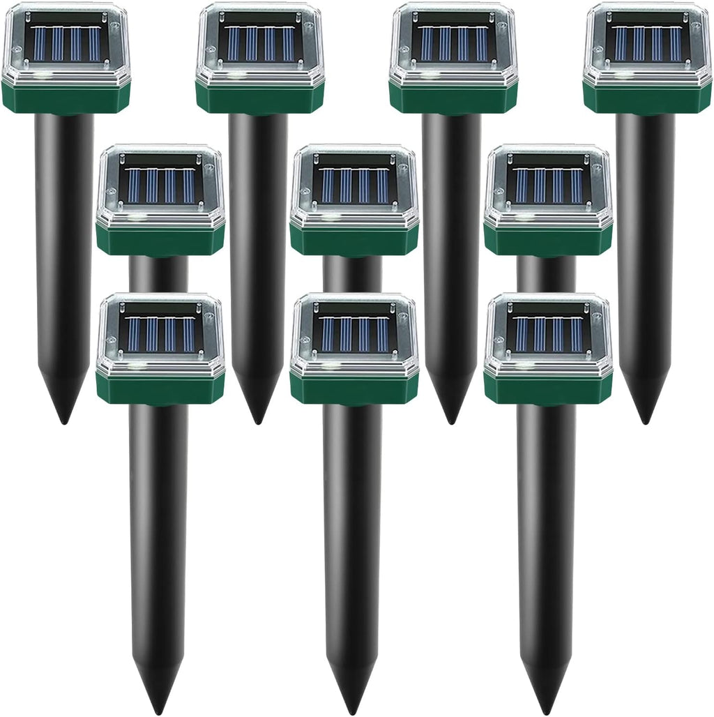 Solar Powered Ultrasonic Mole Repellent Stakes (Outdoor Pest & Gopher Deterrent, Waterproof) - Pack of 10