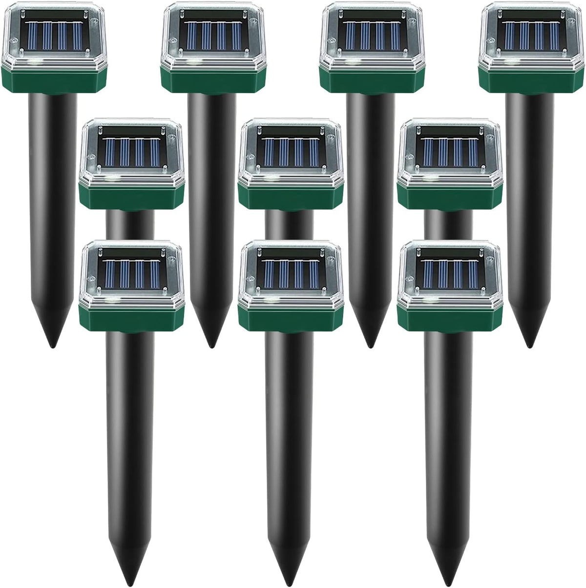 Solar Powered Ultrasonic Mole Repellent Stakes (Outdoor Pest & Gopher Deterrent, Waterproof) - Pack of 10